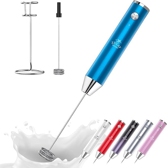 Zulay Kitchen Rechargeable Milk Frother Handheld Lux - Powerful 2-Speed Motor, Waterproof, 2000mAh Battery - Drink Mixer for Latte, Cappuccino, Matcha & Protein Powder - Metallic Blue