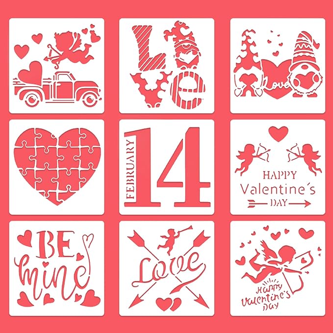 Valentines Day Cake Stencils Kit Reusable Cookie Coffee Stencil Drawing Template for Dessert Buttercream Painting Envelopes DIY Crafts Wall Floor Decor (9 Pcs Love)