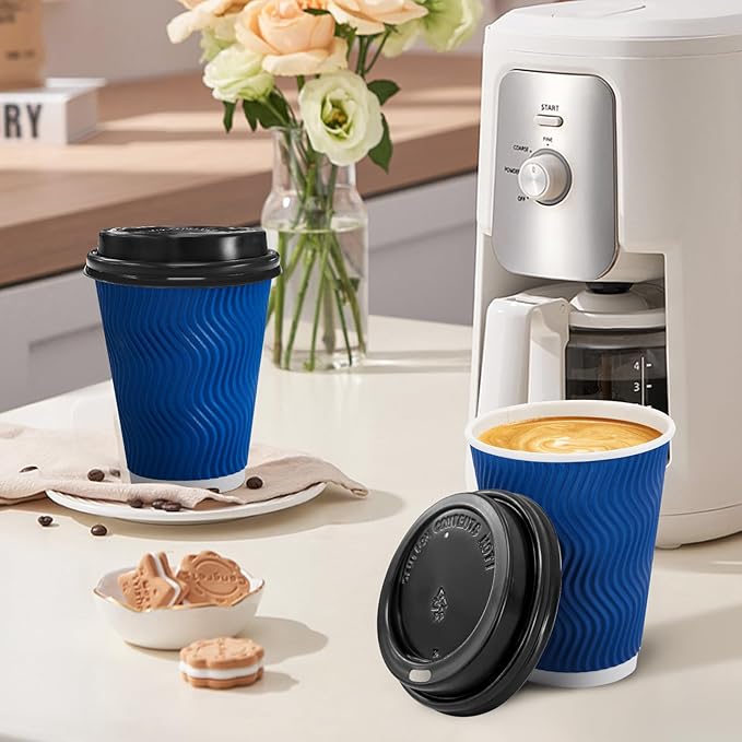 Clawsoff 500 Pack Coffee Cups with Lids 12oz, Disposable Insulated Ripple Wall To Go Paper Coffee Cups for Hot/Cold Drinks Office Home Shop Event (Navy)