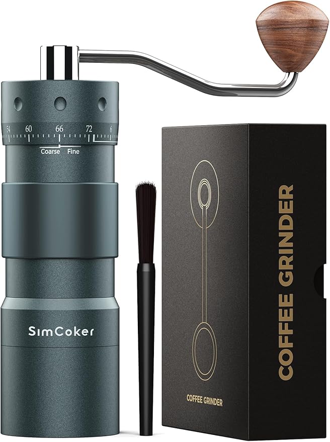 SimCoker Manual Coffee Grinder, 16μm/Click, Espresso Grinder with CNC Stainless Steel Conical Burr, Numerical External Adjustable Setting, Aluminium Body, Compatible with Drill, Grey