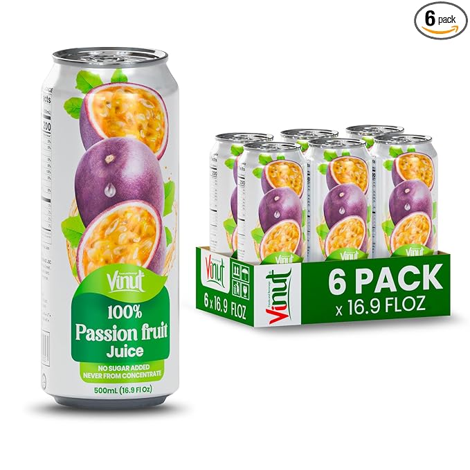 VINUT 100% Passion Fruit Juice, No Added Sugar, Not From Concentrate, 16.9 fl oz (500 mL) Can, Pack of 6