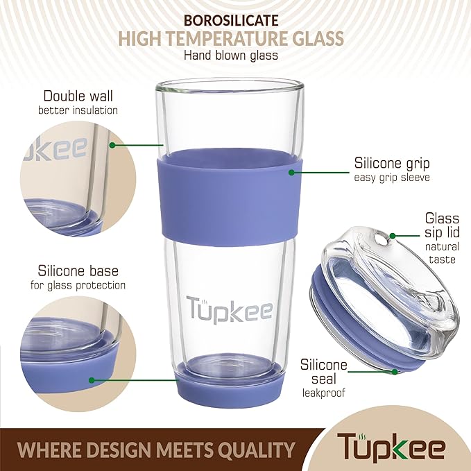 Tupkee Double Wall All Glass Tumbler - 14-Ounce, Reusable Insulated Tea/Coffee Mug & Lid, Hand Blown Glass Travel Mug - Jacaranda - 2 Pack