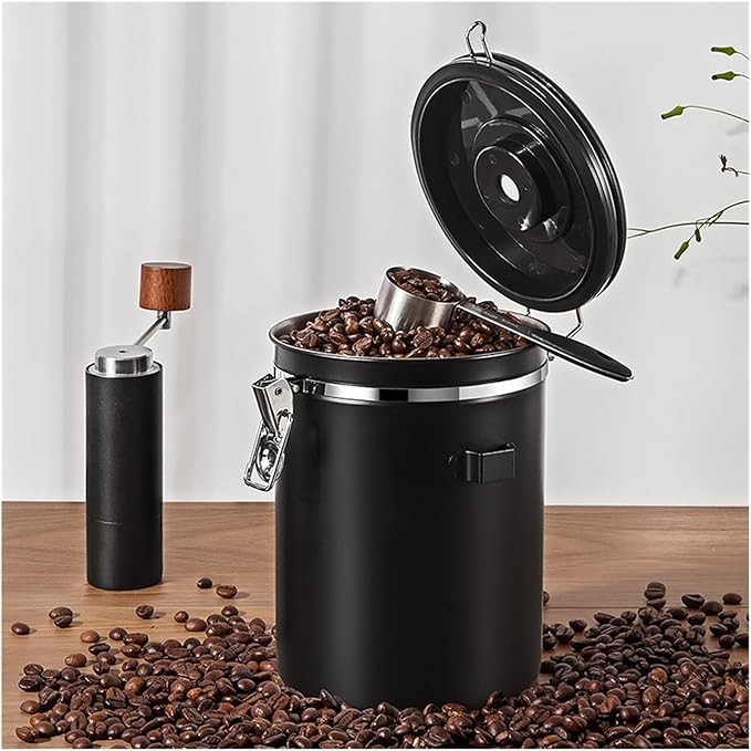 1200/1500/1800/2800ML Large Capacity Coffee Bean Vacuum Storage Container - Food-Grade Stainless Steel Airtight Canister With One-Way Air Valve For Grains, Tea, Nuts & Coffee Grounds(Black,Large)