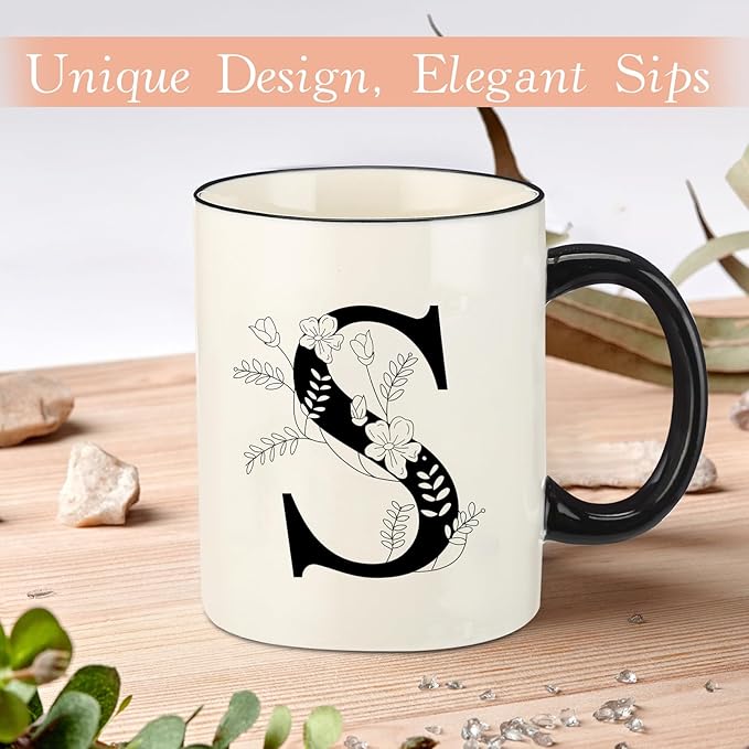 Monogram Ceramic Coffee Mugs, 11 oz Initial Drinking Cup with Gift Box, Unique Birthday Valentines Day Gifts for Women Wife Mothers Day Grandma Mom Aunt, S