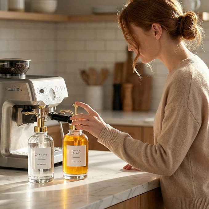 2 Pack Coffee Syrup Dispenser, 16.9 oz 500 ml Coffee Pump Dispenser, Glass Syrup Bottle with 36 Labels and Golden Pumps, Soap Dispenser for Coffee Bar Accessories, Caramel