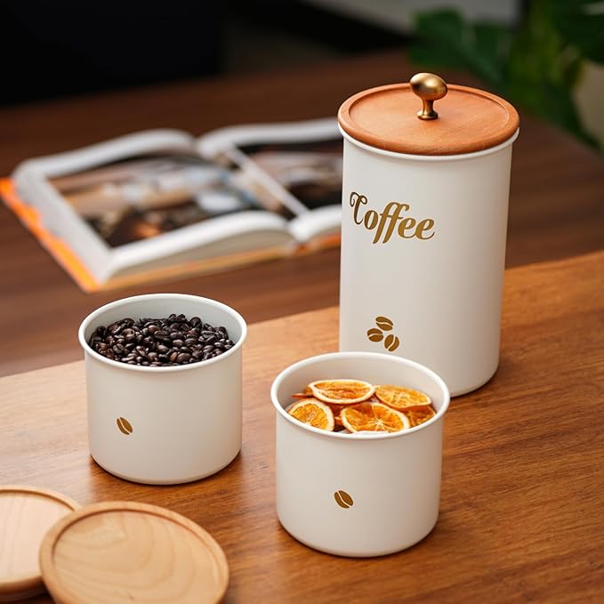 Coffee Canister, 3 pack 2 lb/12 oz/12 oz Large Airtight Coffee Bean Storage Container, Café Grounds Container, Cafe Jar Cafe Holder, Food Storage Container for Flour, Sugar, Tea (White)