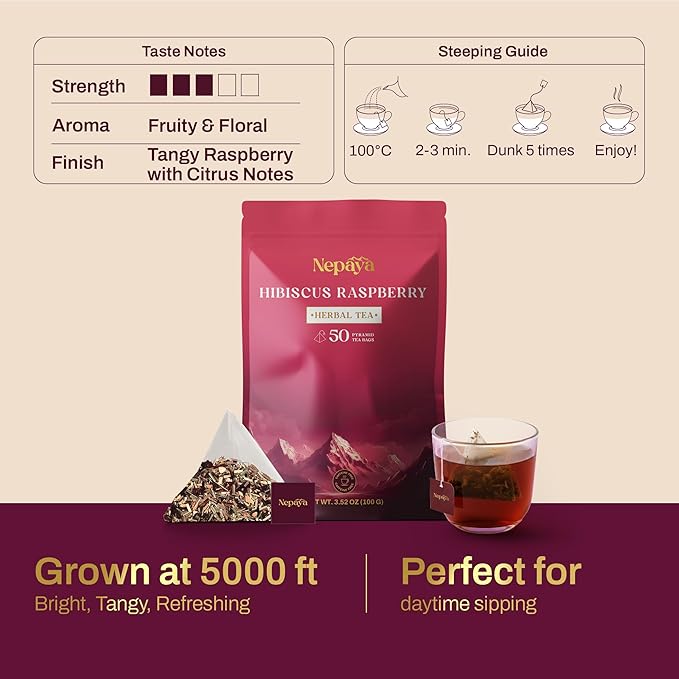 Hibiscus Raspberry Herbal Tea Bags, Caffeine Free Pyramid Tea Bags, Fruity Berry Blend with Rosehip, Lemongrass & Orange Peel, Hot or Ice Tea, 50 Biodegradable Bags