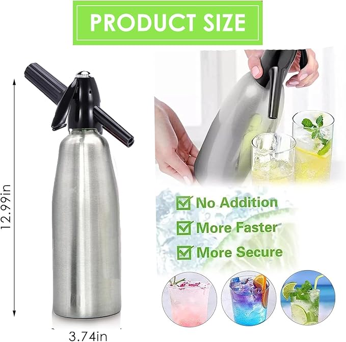 Soda Siphon 1L Premium Sparkling Water Maker - Aluminum Portable Seltzer Machine for Home, Bar, Cocktails, Coffee, Tea,Uses 8g C02 cartridges (Not Included)