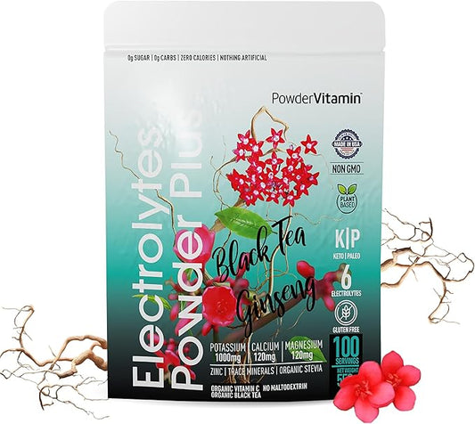 PowderVitamin Electrolytes Powder Plus (100 Servings) Black Tea Ginseng Electrolyte Powder Keto, Sugar Free, Pink Himalayan Salt,1000mg Potassium,150mg Calcium,150mg Magnesium, Hydration Powder