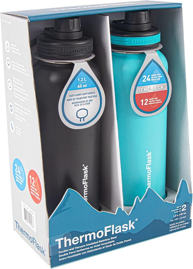 ThermoFlask Stainless Steel Water Bottles 2-Pack - Double-Wall Vacuum Insulated 40 oz BPA-Free Spout Lids - Keeps Drinks Cold 24 Hrs, Hot 12 Hrs - Leakproof, Dishwasher Safe, Onyx Black/Splash