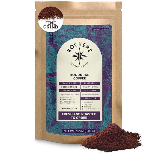 Organic Honduran Ground Coffee Medium Dark Roast - 12oz, Single Origin Arabica Coffee Beans, Fair Trade Specialty Coffee from Marcala, Hints of Caramel & Spice, Freshly Roasted To Order By Kochere