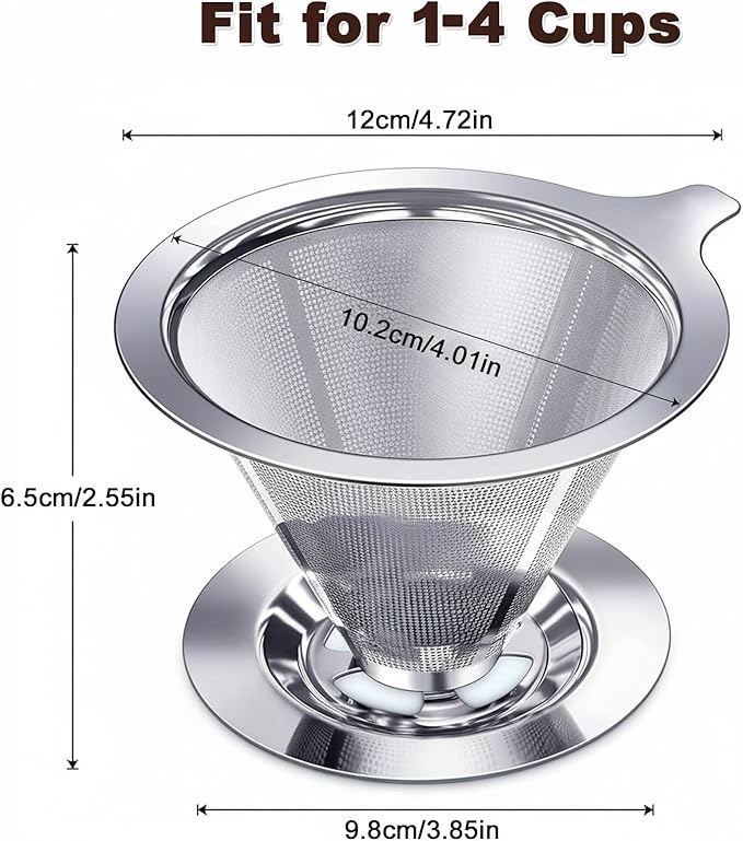Stainless Steel Pour Over Coffee Dripper, Paperless Reusable Cone Coffee Filter with Ultra Fine Micro Mesh, Pour Over Coffee Maker for Single Cup Brew, Non-slip Stand for Perfect Extraction, 1-4 Cups