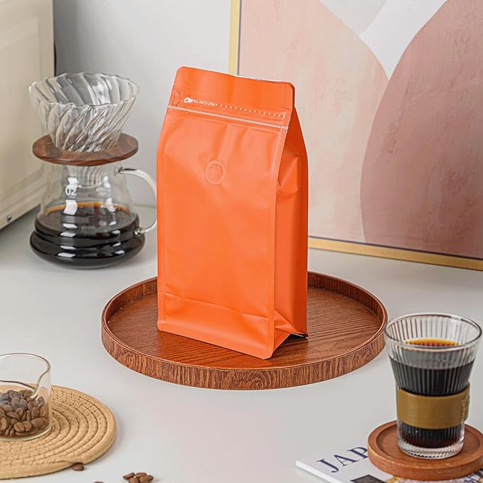 50 Pcs 1lb Orange Long Coffee Bean Bags with Valve, Easy Tear Open & Repeating Sealed Zipper, Heat-seal Stand Up & Flat Bottom Coffee Bag, 16oz Capacity 5.3x10.2 Inch