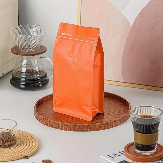 50 Pcs 1lb Orange Long Coffee Bean Bags with Valve, Easy Tear Open & Repeating Sealed Zipper, Heat-seal Stand Up & Flat Bottom Coffee Bag, 16oz Capacity 5.3x10.2 Inch