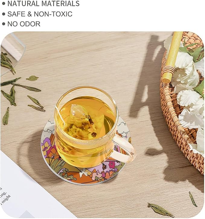 Round-4PCS Botanical Drink Coasters, Round Modern Ceramic Absorbent Coasters, Abstract Cartoon Colorful Mushroom Flower Butterfly Pattern Decor Desk Coffee Table Coaster for Beverage Cup Tea Coasters