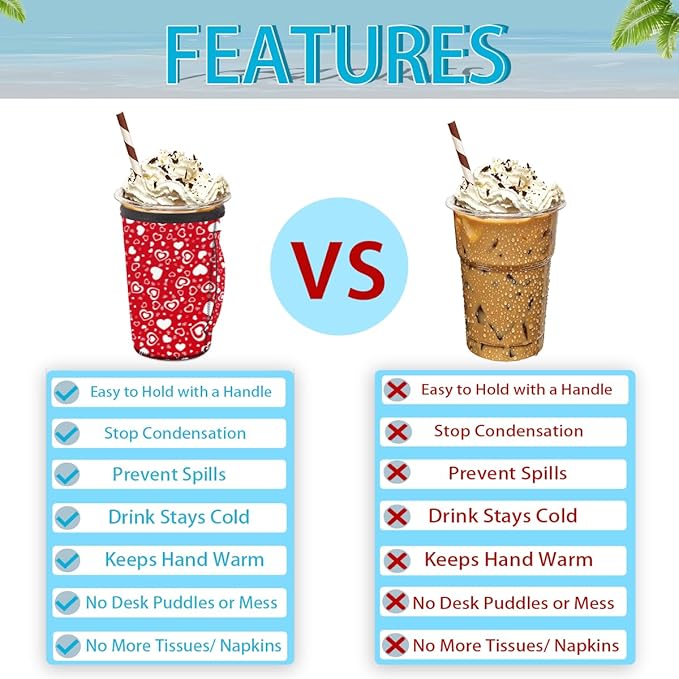 Red White Love Heart Reusable Coffee Sleeves Iced Coffee Cozy Insulator,Valentine's Day Neoprene Holder with Handle for Cold Coffee or Ice Drink, Small 16-18oz