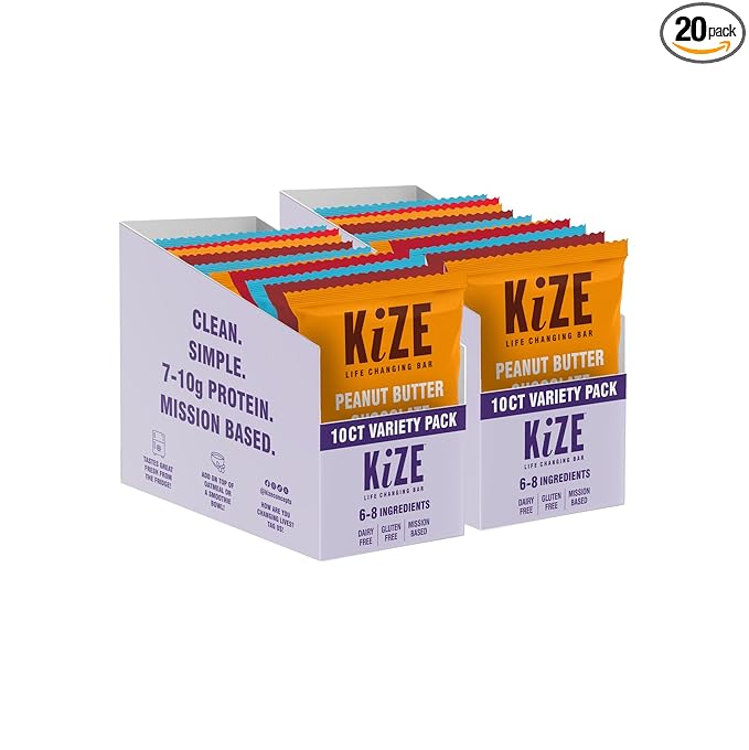 KiZE Energy Bars - Best Sellers Variety Pack - 20-Count -Gluten Free, Dairy Free Options, Non-GMO, and High Protein Meal Replacement Energy Bars, Clean and Simple Food Ingredients - 7-10g High Protein Snacks (20 Count)