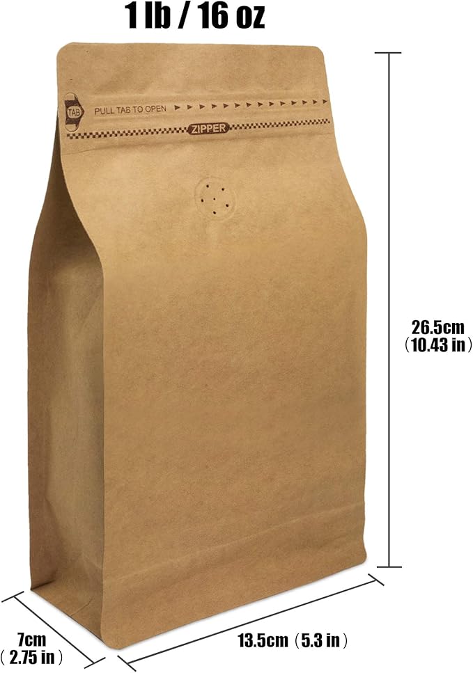 Natural Kraft Coffee Pouches, Resealable Coffee Bag with valve, Flat Bottom Pull Tab Zipper (100pcs / 16oz, 1lb, 454gram)