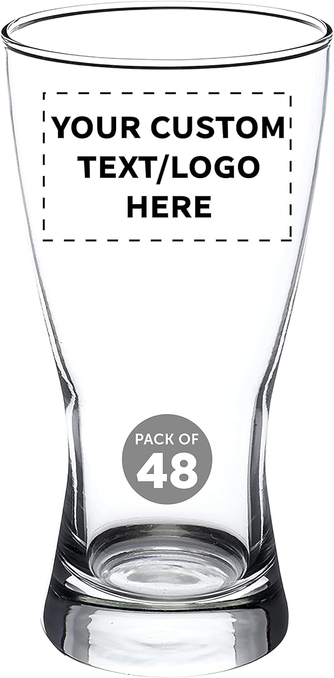 Custom Pilsner Glasses 13.25 oz. Set of 48, Personalized Bulk Pack - Made in the USA, Perfect for Hotels, Restaurants, Bars and Even Part Favors - Clear
