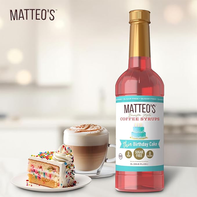 Matteo's Birthday Cake Syrup for Coffee, Lattes, Cappuccinos & Desserts – Sugar-Free Sweetener for Beverages, Keto Friendly, Zero Calories, Indulgent Flavor, Non-Alcoholic, 33.8oz (6pk)