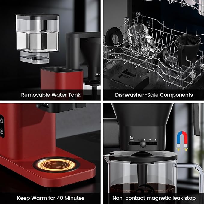 Kismile 8-Cup Drip Coffee Maker,Rapid Heating System for Seconds Brewing,Automatic Pour Over Coffee Machine,Detachable Water Tank,Dishwasher Safe,Adjustable Flow Control,Hot & Iced,Red