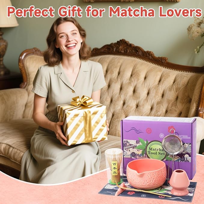 Matcha Whisk Set, 7Pcs Pink Matcha Kit for Ceremony, Handcrafted Gifts for Women, Traditional Ceramic Matcha Bowl with Spout, Bamboo Whisk and Holder, Tea Set for Matcha Lovers, Gift for Christmas