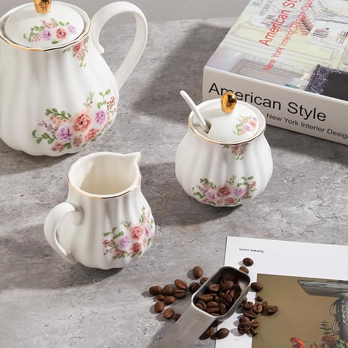 Sweejar Royal Ceramic Sugar and Creamer Set, 3 Piece Set with Cream Pitcher, Sugar Bowl, Sugar Set with Lid & Spoon, Coffee Serving Set Wedding Gift (Rose Flower)