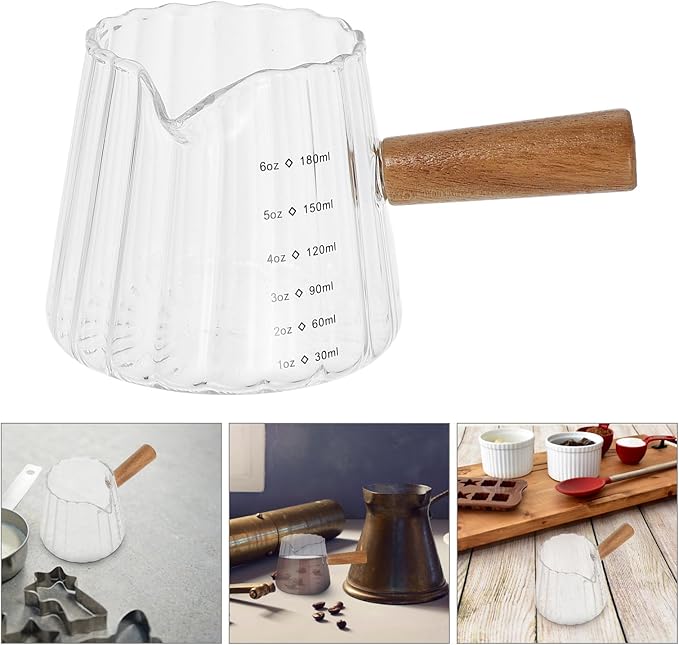 Kichvoe Espresso Shot Glass with Wood Handle - Glass Coffee Milk Creamer - Frothing Pitcher Creamer Jug, 180ML/6 OZ Pourer Baking Measuring Cup for Coffee Milk Tea Syrup