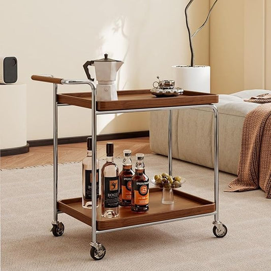 Mid Century Solid Wood Side Table,Rolling Cart,2 Tier Small End Table with Wheels,Mobile Side Table with Breathable Storage Basket,Suitable for Living Rooms,Kitchens,Bedrooms (Red A)