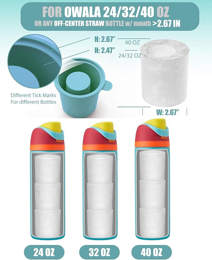 Ice Molds for Owala 24-40oz, Set of 3, Food-Grade Soft Silicone, No White Residue, Easy to Release, Straw Placement Compatible with Owala FreeSip, Keeps Drinks Cold Longer (Light Blue)