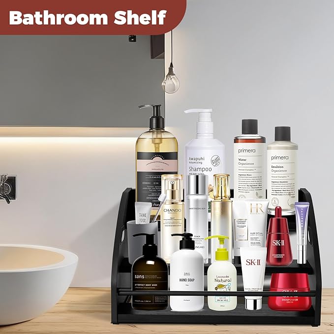 STAEVER Premium Metal Design - Strong Liquor Bottle Display Shelf, 3 Steps Extra Large Rustic Mini Bar, Countertop Coffee Syrup Organizer with Handles, Ideal Gift for Dad & Liquor Enthusiasts