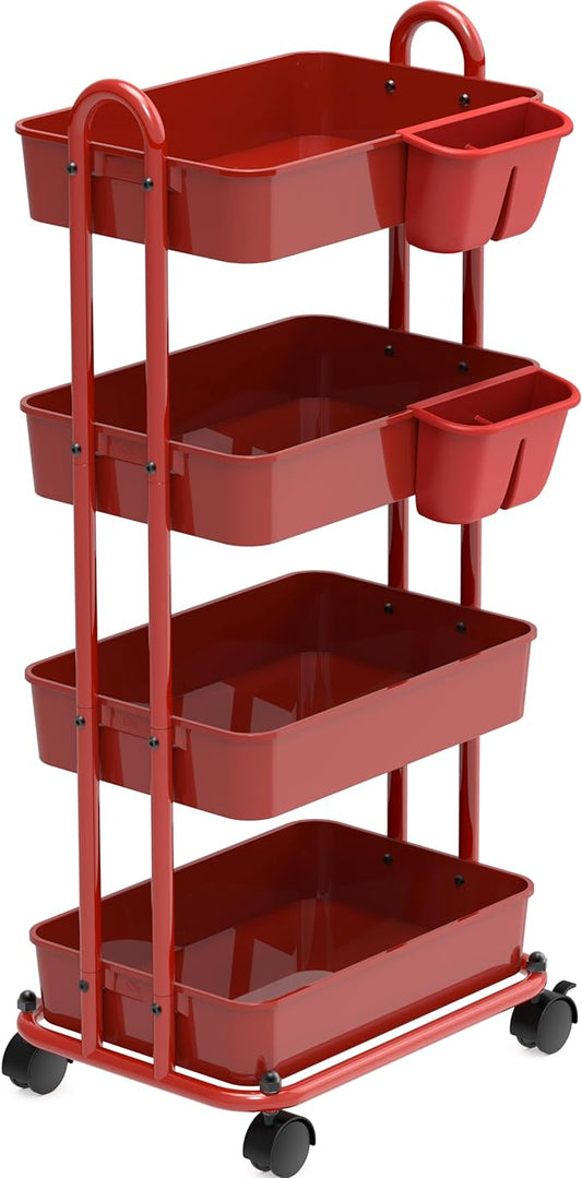 Simple Houseware 4-Tier Multifunctional Rolling Utility Cart with Hanging Buckets, Red