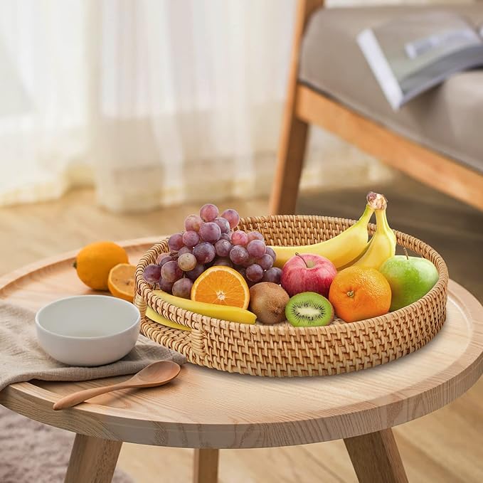 Round Rattan Serving Tray with Handles, Hand Woven Basket, Home Decor Organizer Tray for Breakfast, Tea, Snack, Fruit, Coffee,Storage (Large)(14.17inchX2.3inch)
