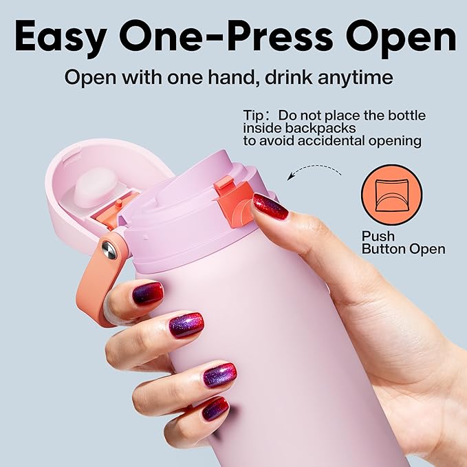 Insulated Water Bottle with Straw - Encool Stainless Steel Water Bottle with Push Button Lid, Leak-Proof & BPA-Free, Keeps Cold for 24 Hours for Sports, Travel, Gym (32 oz, Lily-Red)