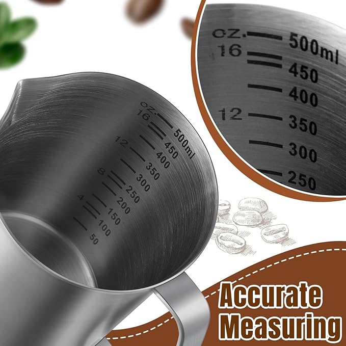 4 Pcs Stainless Steel Pitcher with Handle and Pour Lip 16OZ, 500ML, 2 Cup Metal Liquid Measuring Cup Measuring Jug Milk Frothing Pitcher for Milk Latte Art Water Pouring