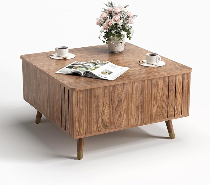 32" Square Lift Top Coffee Table with Storage,Mid Century Modern Walnut Center Table with Rising Desktop for Living Room, Brown Wood Finish