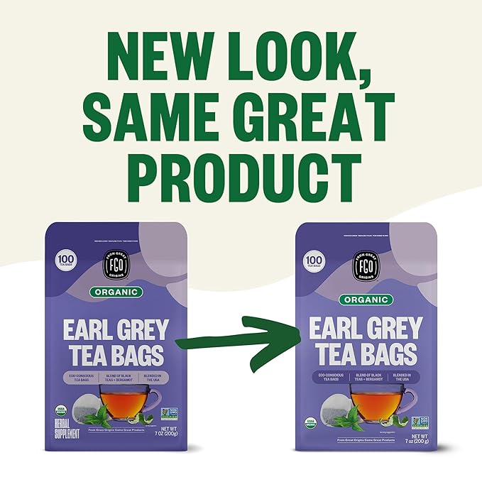 FGO Organic Earl Grey Black Tea, 100 Count, Eco-Conscious Tea Bags, Resealable Bag, Packaging May Vary (Pack of 1)
