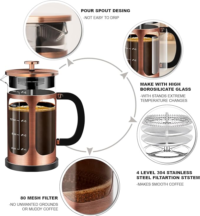 YMMIND French Press Coffee Maker (21oz 600ML 3-4Cup) Coffee Press, with 4 Filters System, Heat Resistant Thickness Borosilicate Glass, Cold Brew Coffee Tea Pot Gifts (Copper)