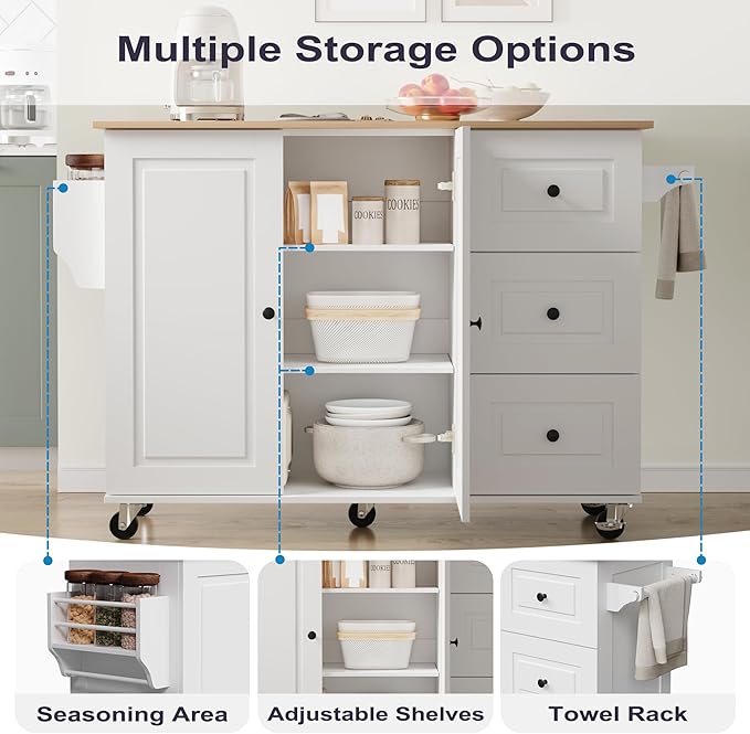 Mobile Kitchen Island with Drop Leaf, Rolling Kitchen Cart with 3 Drawers, Kitchen Storage Cabinet on Wheels, Island Table with Towel and Spice Rack for Dining Room, Living Room, White