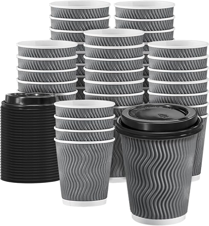 Clawsoff 100 Pack 10 oz Disposable Coffee Cups with Lids, Insulated Ripple Wall To-Go Paper Coffee Cups Suitable for Chocolate Cocoa and Hot/Cold Drinks (Grey)