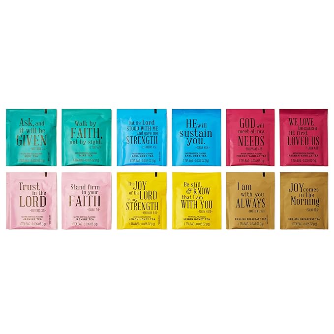 Thoughtfully Gourmet, Tea Affirmations Christian Prayer Gift Set, Includes 6 Flavors of Tea with Bible Verses from Psalms and Other Books to Rejoice, Pack of 90