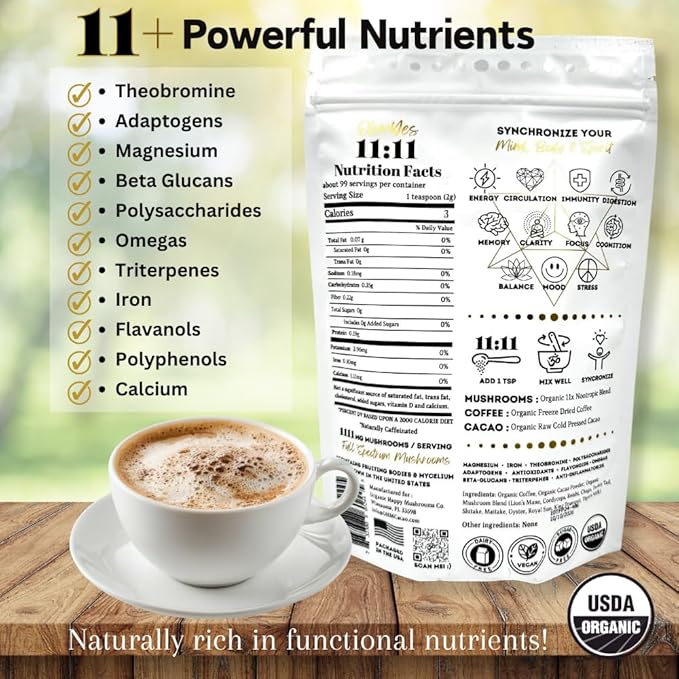 OhmYes Mocha Mushroom Coffee with Pure Cacao | Organic 11 Mushroom Adaptogen Blend (Lions Mane, Reishi, Chaga, Cordyceps) | Premium Chocolate Dark Roast Instant Coffee | Unsweetened | 7oz