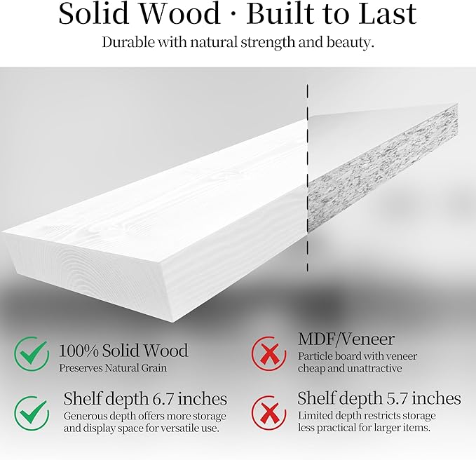 BGMG Small Wood Floating Shelves 8 inch Set of 2,White Floating Shelves for Wall,Solid Wood Wall Shelves for Bathroom Living Room Bedroom Kitchen Farmhouse-8x 6.7 x1.25 inch