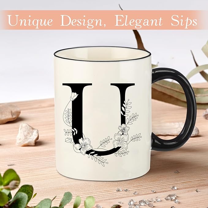 Monogram Ceramic Coffee Mugs, 11 oz Initial Drinking Cup with Gift Box, Unique Birthday Valentines Day Gifts for Women Wife Mothers Day Grandma Mom Aunt, U