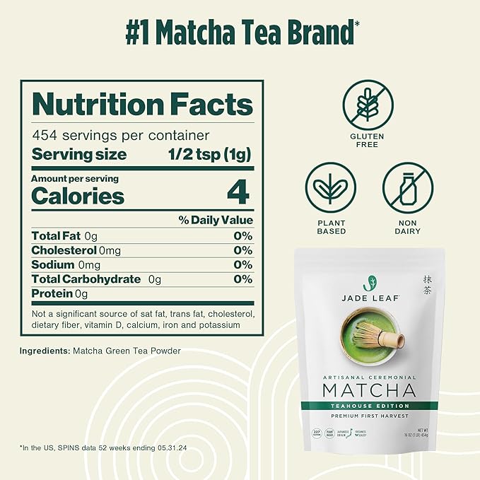Jade Leaf Matcha Ceremonial Grade Matcha Green Tea Powder - Authentic Japanese Origin - Artisanal Teahouse Edition Premium First Harvest (1 Pound Bulk Pouch)