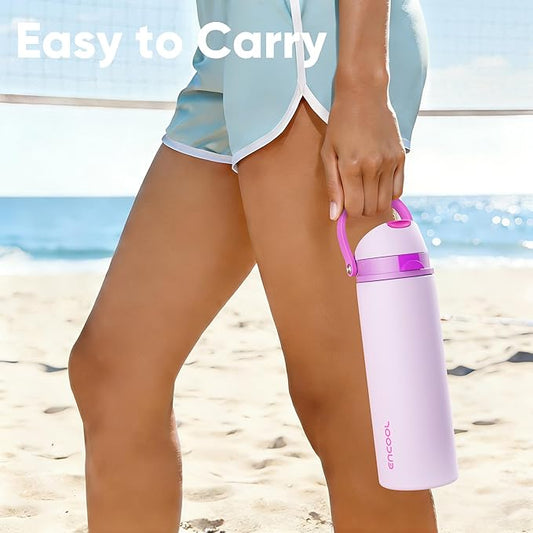 Insulated Water Bottle with Straw - Encool Stainless Steel Water Bottle with Push Button Lid, Leak-Proof & BPA-Free, Keeps Cold for 24 Hours for Sports, Travel, Gym (24 oz, Thistle-Fuchsia)
