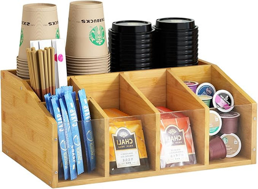 AEEHFENG Coffee Station Organizer Condiment Organizer for Countertop Farmhouse Coffee Caddy with Removable Dividers Small Cute Office Bar Accessories for Tea Bags, Pods, Syrup, Cups, and Stirrer