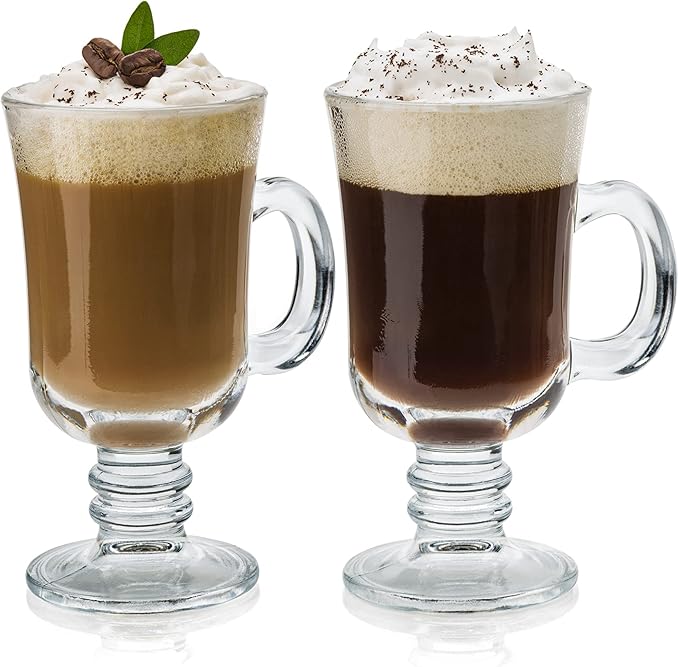 Volarium Irish Coffee Glass Mugs, Latte Cups, Set of 2 Cappuccino and Hot Chocolate Mugs with Handle, Clear Glass Cups for Hot Beverages, 7 3/4 oz