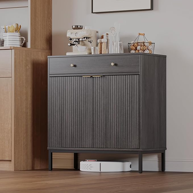 Mericonia Farmhouse Buffet Sideboard Cabinet with Storage, Fluted Coffee Bar with Doors and Adjustable Shelves, Modern Wood Console Cabinet for Kitchen, Livingroom (Fluted 2 Door, Grey)