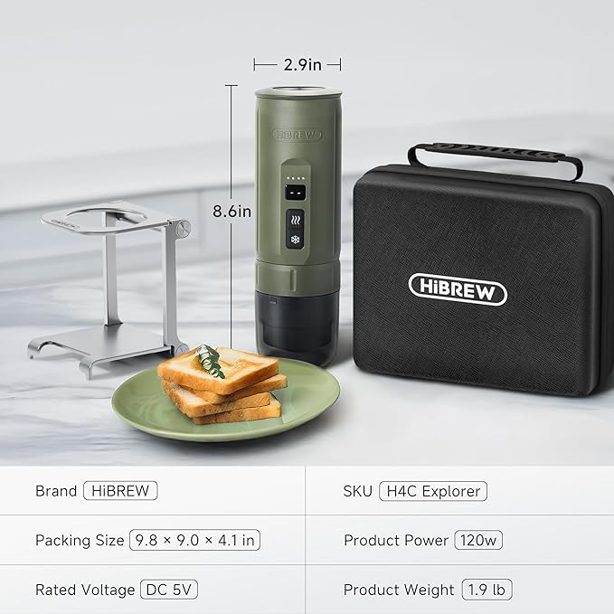 HIBREW H4C Explorer - Portable Electric Espresso Maker, USB-C Rechargeable for Coffee Pods & Ground Coffee, Compact for Home and Travel, with Foldable Holder & Carrying Case